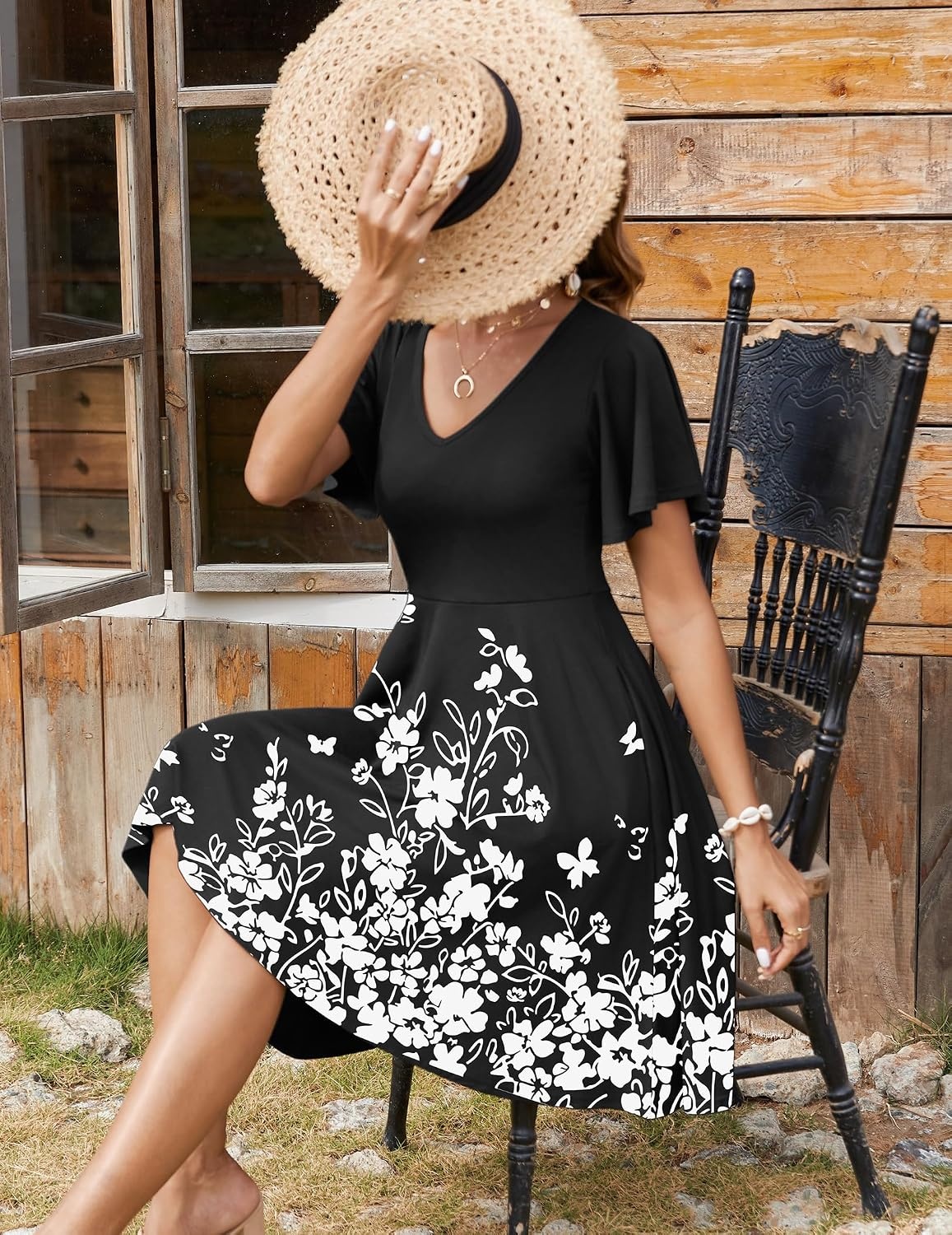 image:imageZeagoo Womens Summer Dress Casual Swing Sundresses Floral Ruffle Short Sleeve Wedding Guest Dress Beach Mini Dress 2026Black Floral