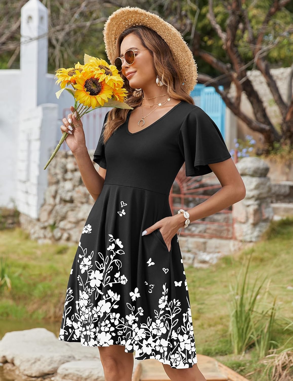 image:imageZeagoo Womens Summer Dress Casual Swing Sundresses Floral Ruffle Short Sleeve Wedding Guest Dress Beach Mini Dress 2026Black Floral