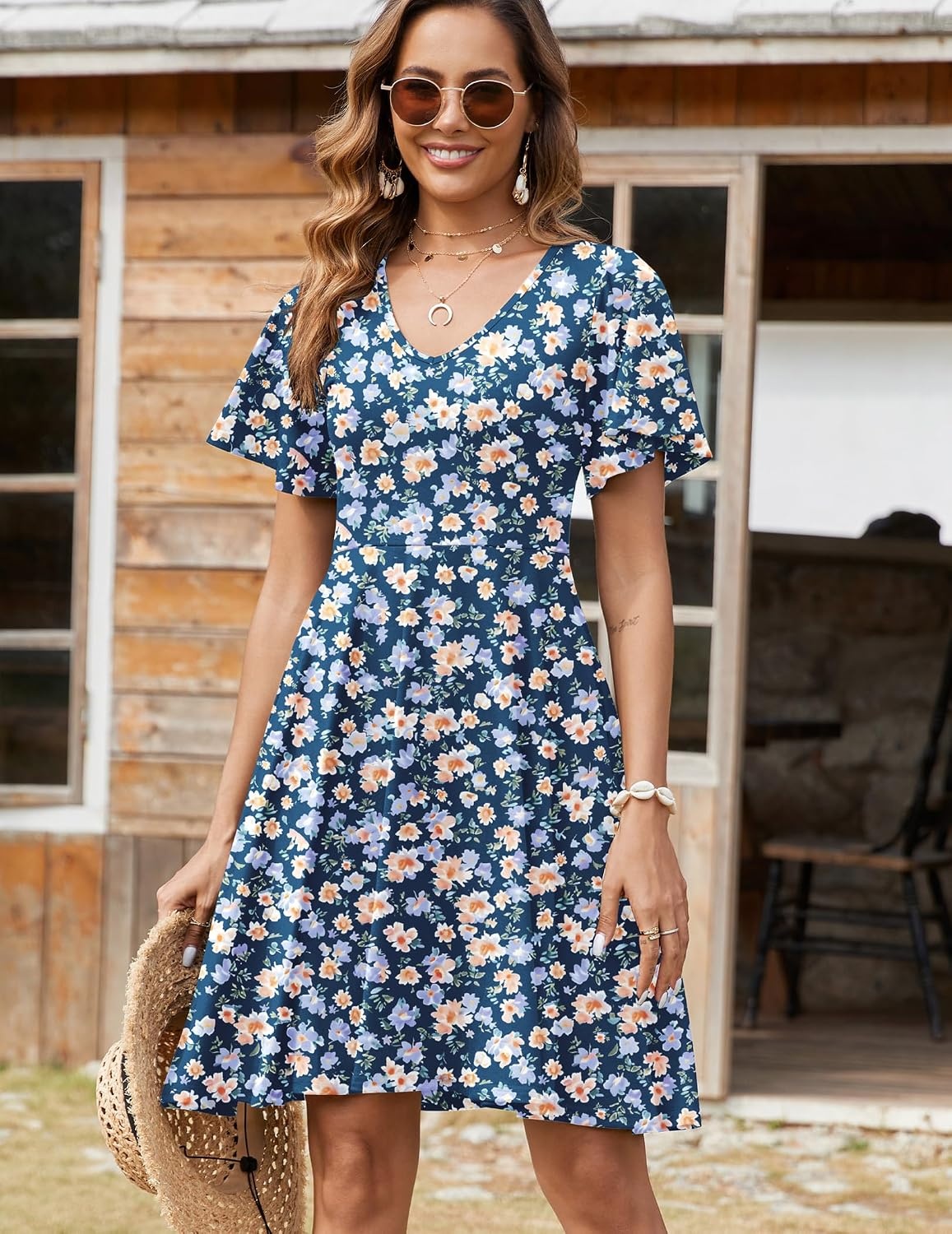 image:imageZeagoo Womens Summer Dress Casual Swing Sundresses Floral Ruffle Short Sleeve Wedding Guest Dress Beach Mini Dress 2026Blue Floral