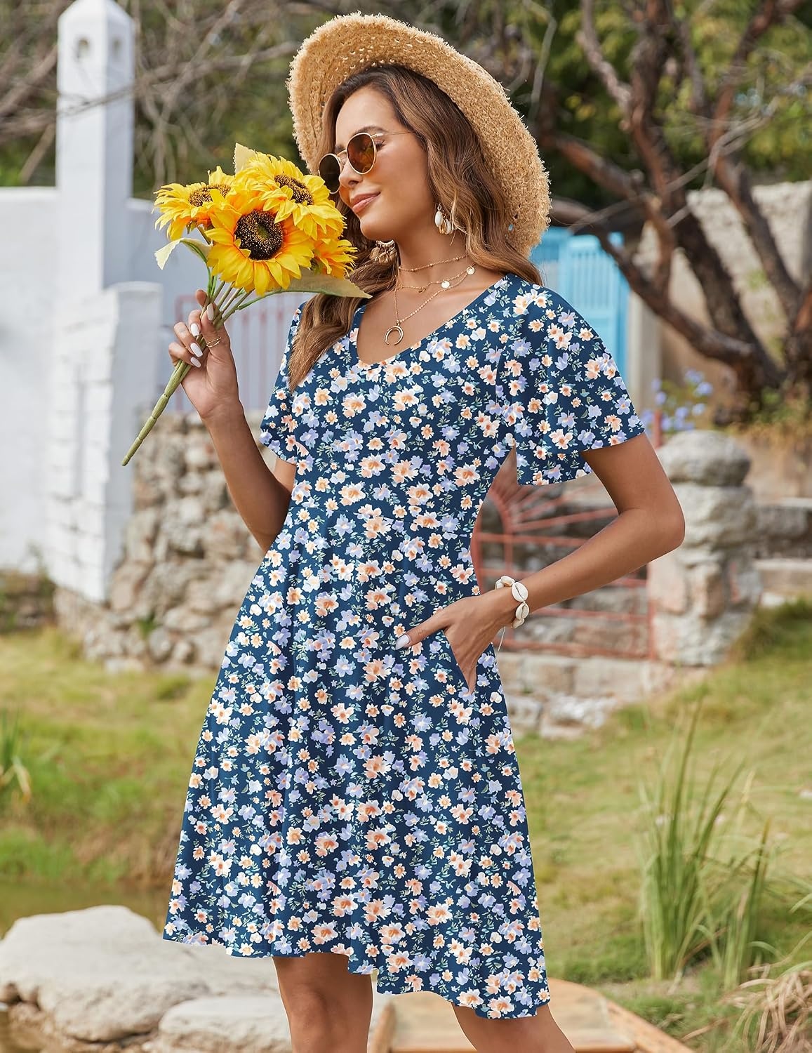 image:imageZeagoo Womens Summer Dress Casual Swing Sundresses Floral Ruffle Short Sleeve Wedding Guest Dress Beach Mini Dress 2026Blue Floral