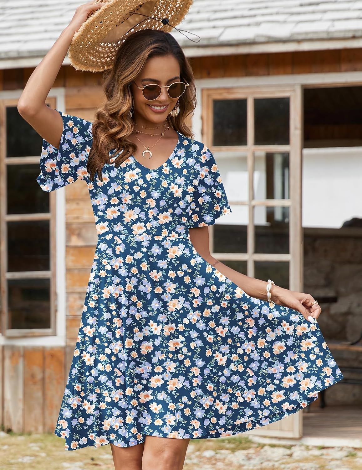 image:imageZeagoo Womens Summer Dress Casual Swing Sundresses Floral Ruffle Short Sleeve Wedding Guest Dress Beach Mini Dress 2026Blue Floral