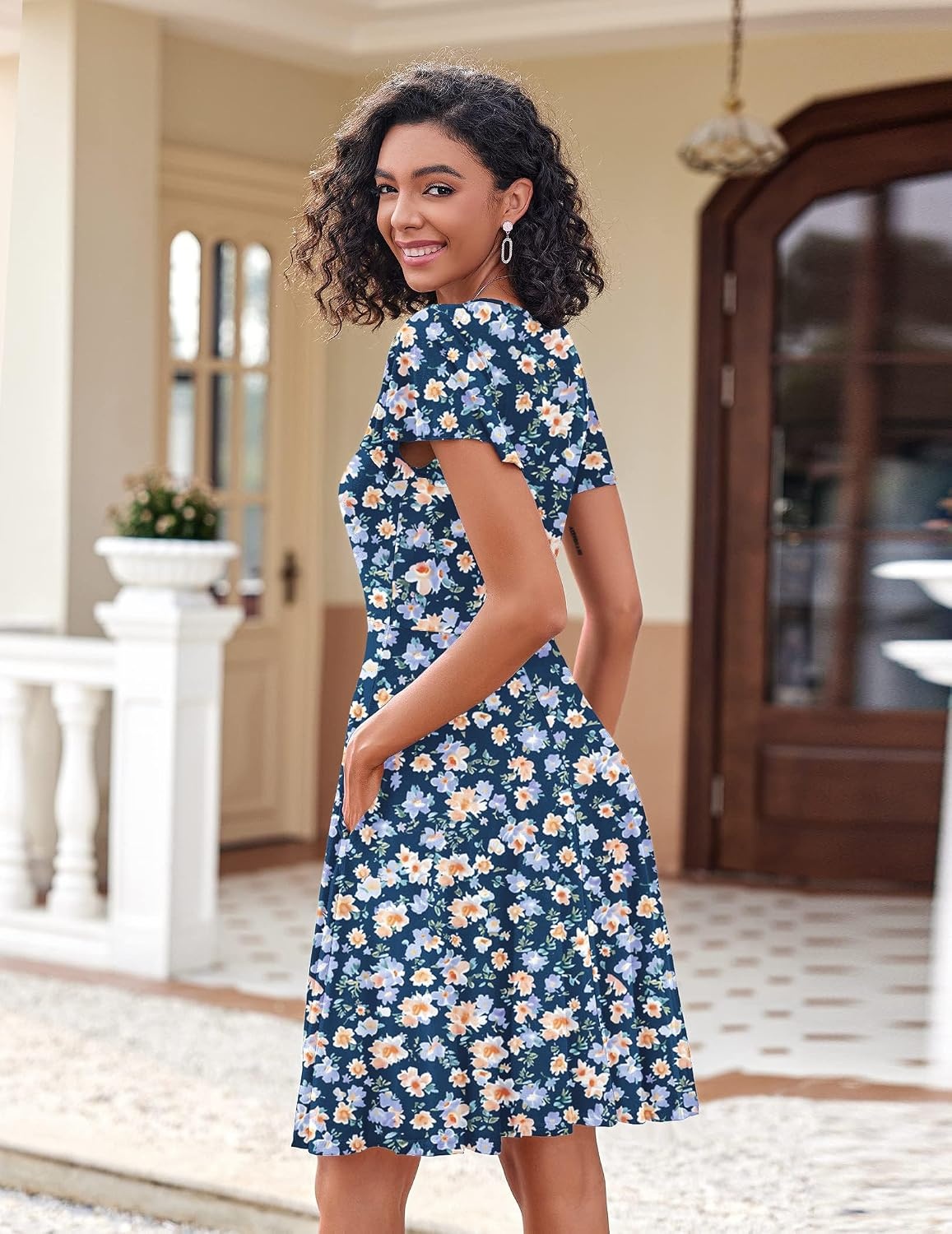 image:imageZeagoo Womens Summer Dress Casual Swing Sundresses Floral Ruffle Short Sleeve Wedding Guest Dress Beach Mini Dress 2026Blue Floral