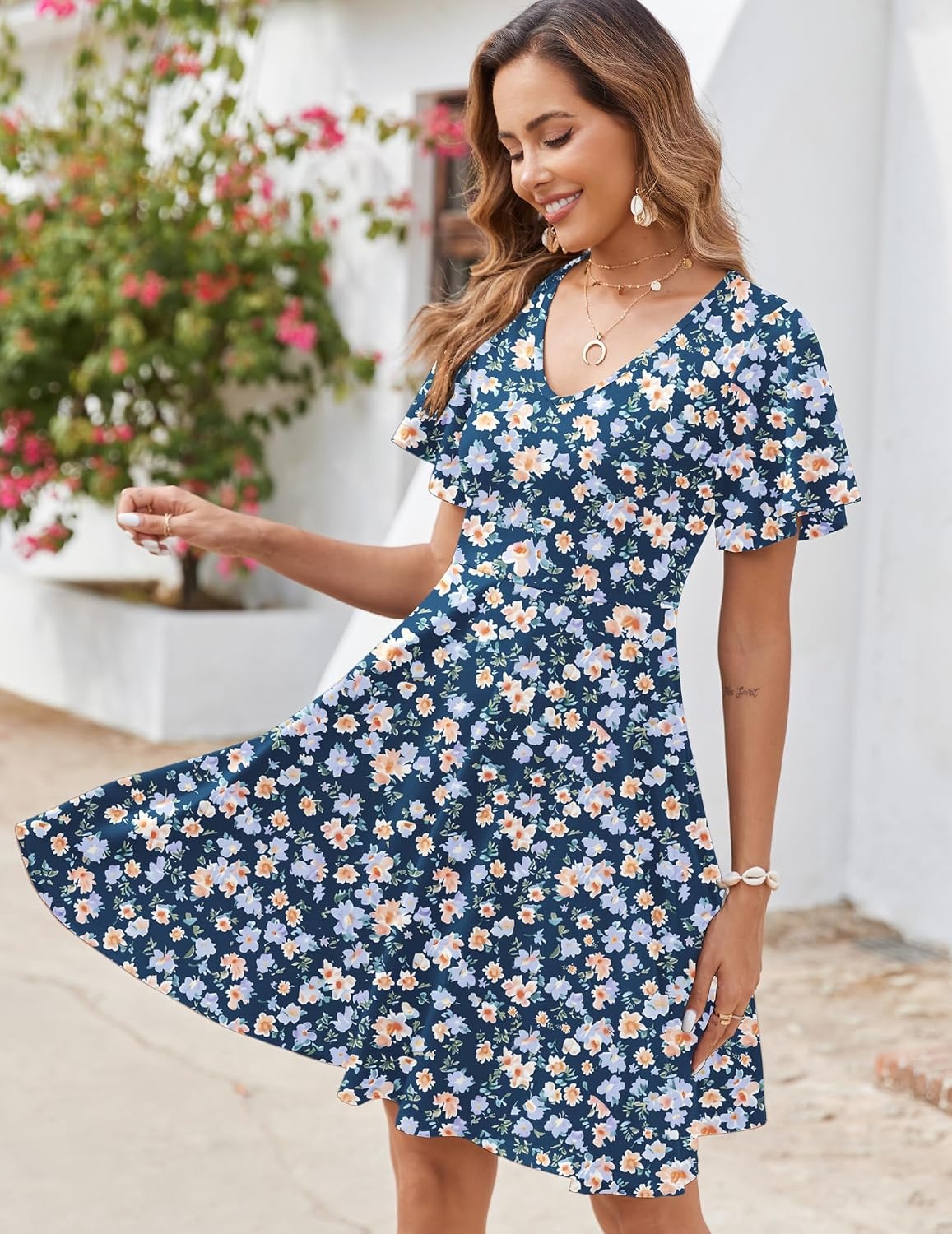 image:imageZeagoo Womens Summer Dress Casual Swing Sundresses Floral Ruffle Short Sleeve Wedding Guest Dress Beach Mini Dress 2026Blue Floral