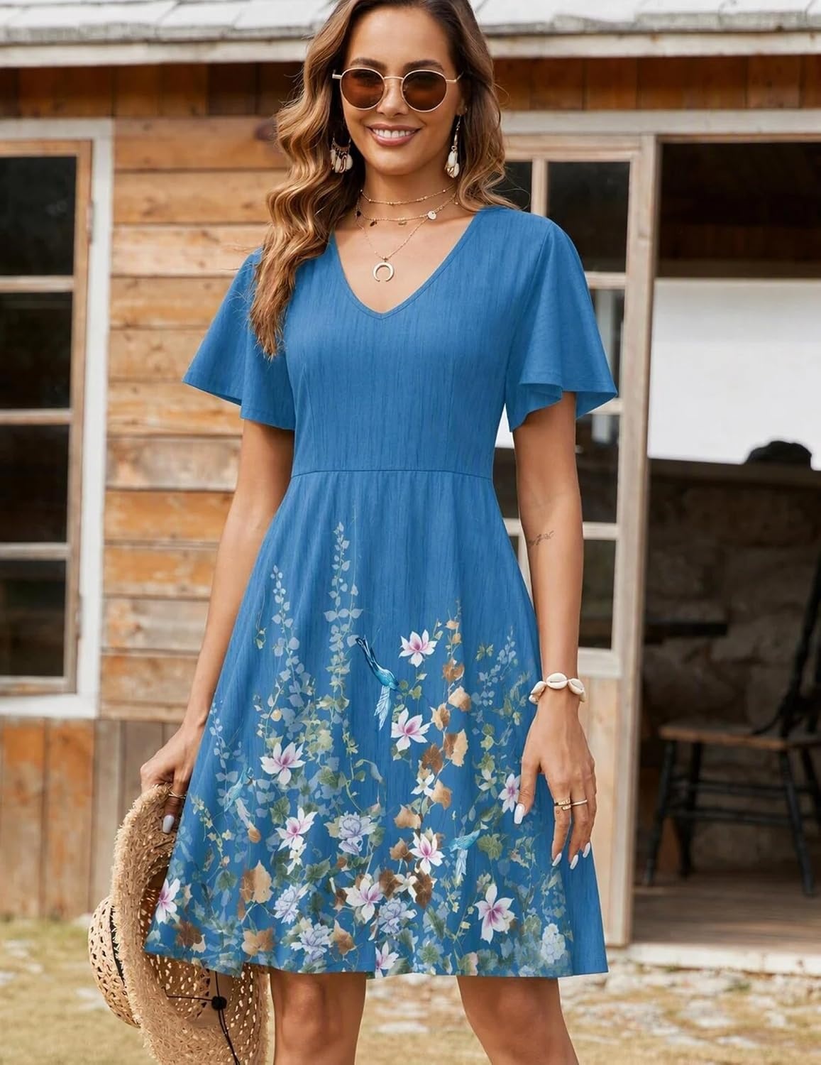 image:imageZeagoo Womens Summer Dress Casual Swing Sundresses Floral Ruffle Short Sleeve Wedding Guest Dress Beach Mini Dress 2026Blue Sf223