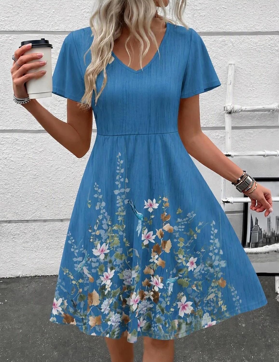 image:imageZeagoo Womens Summer Dress Casual Swing Sundresses Floral Ruffle Short Sleeve Wedding Guest Dress Beach Mini Dress 2026Blue Sf223