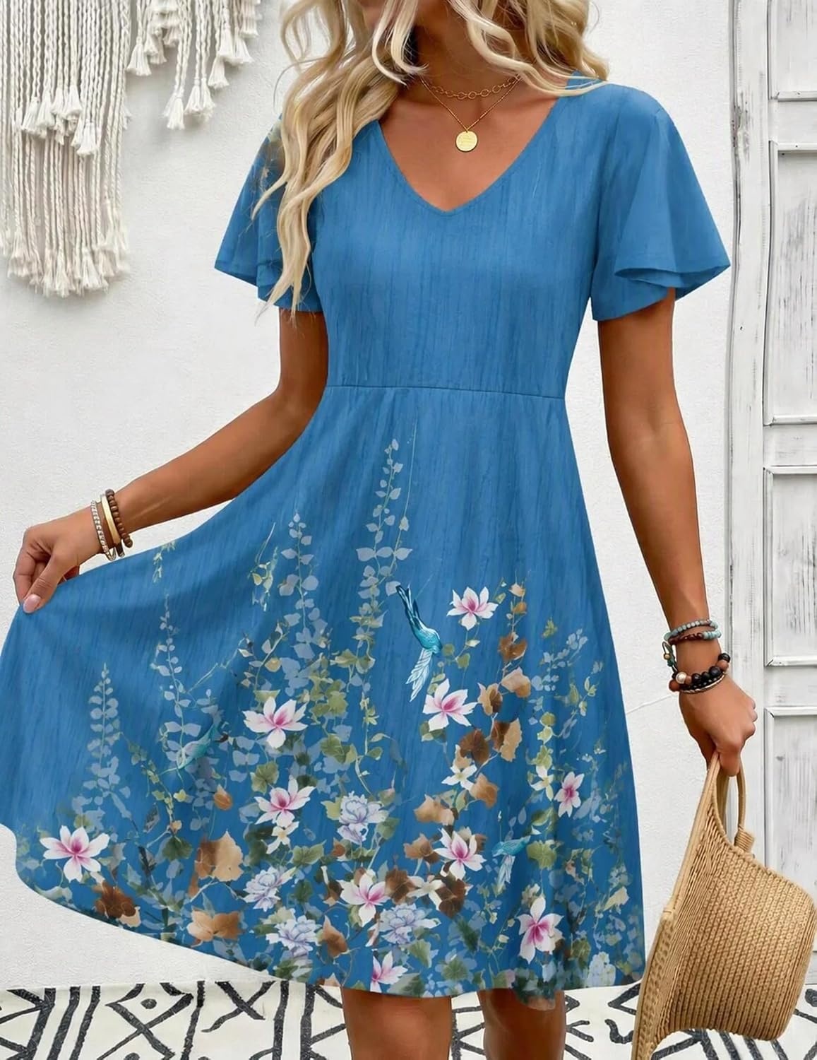 image:imageZeagoo Womens Summer Dress Casual Swing Sundresses Floral Ruffle Short Sleeve Wedding Guest Dress Beach Mini Dress 2026Blue Sf223