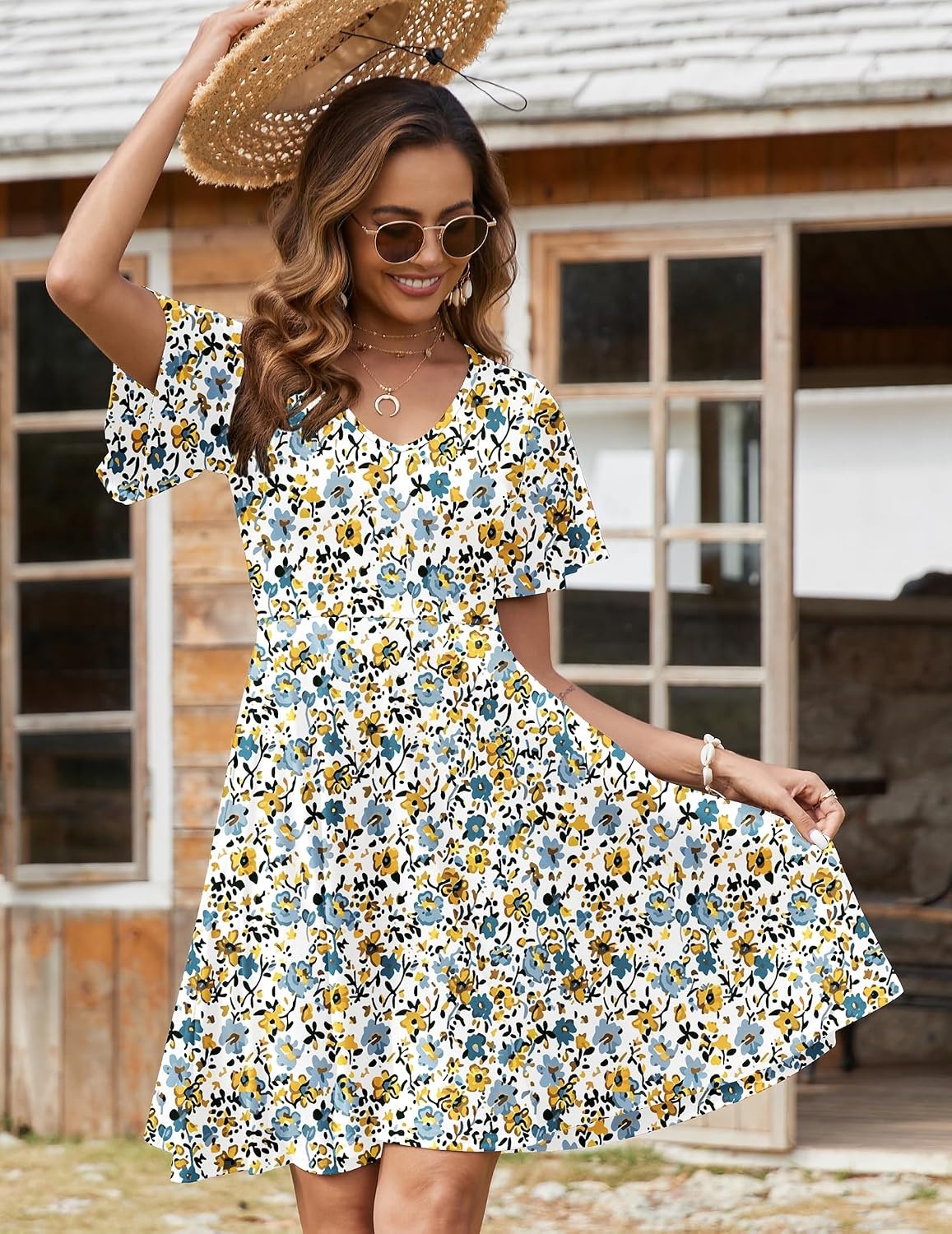 image:imageZeagoo Womens Summer Dress Casual Swing Sundresses Floral Ruffle Short Sleeve Wedding Guest Dress Beach Mini Dress 2026Blue Yellow Floral