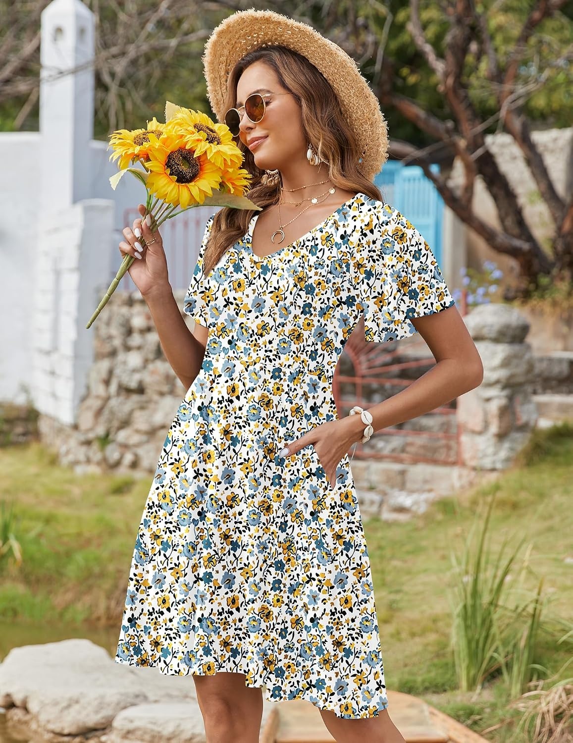 image:imageZeagoo Womens Summer Dress Casual Swing Sundresses Floral Ruffle Short Sleeve Wedding Guest Dress Beach Mini Dress 2026Blue Yellow Floral
