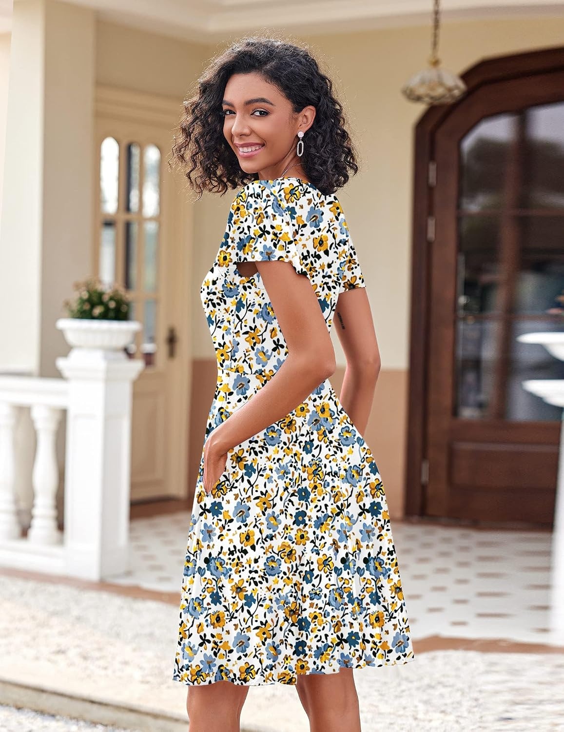 image:imageZeagoo Womens Summer Dress Casual Swing Sundresses Floral Ruffle Short Sleeve Wedding Guest Dress Beach Mini Dress 2026Blue Yellow Floral