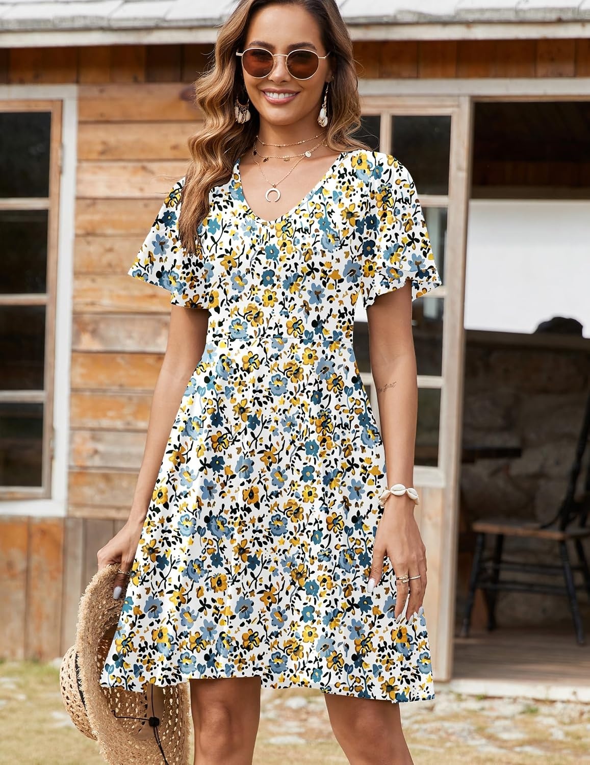 image:imageZeagoo Womens Summer Dress Casual Swing Sundresses Floral Ruffle Short Sleeve Wedding Guest Dress Beach Mini Dress 2026Blue Yellow Floral