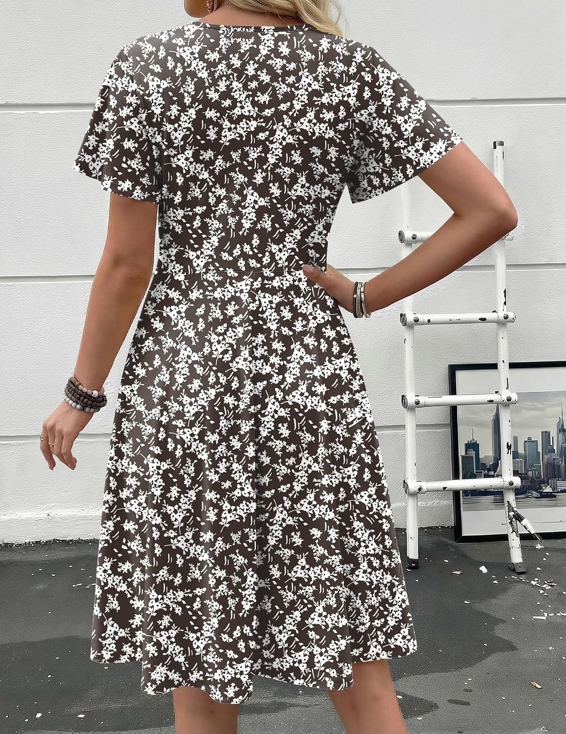 image:imageZeagoo Womens Summer Dress Casual Swing Sundresses Floral Ruffle Short Sleeve Wedding Guest Dress Beach Mini Dress 2026Brown Floral