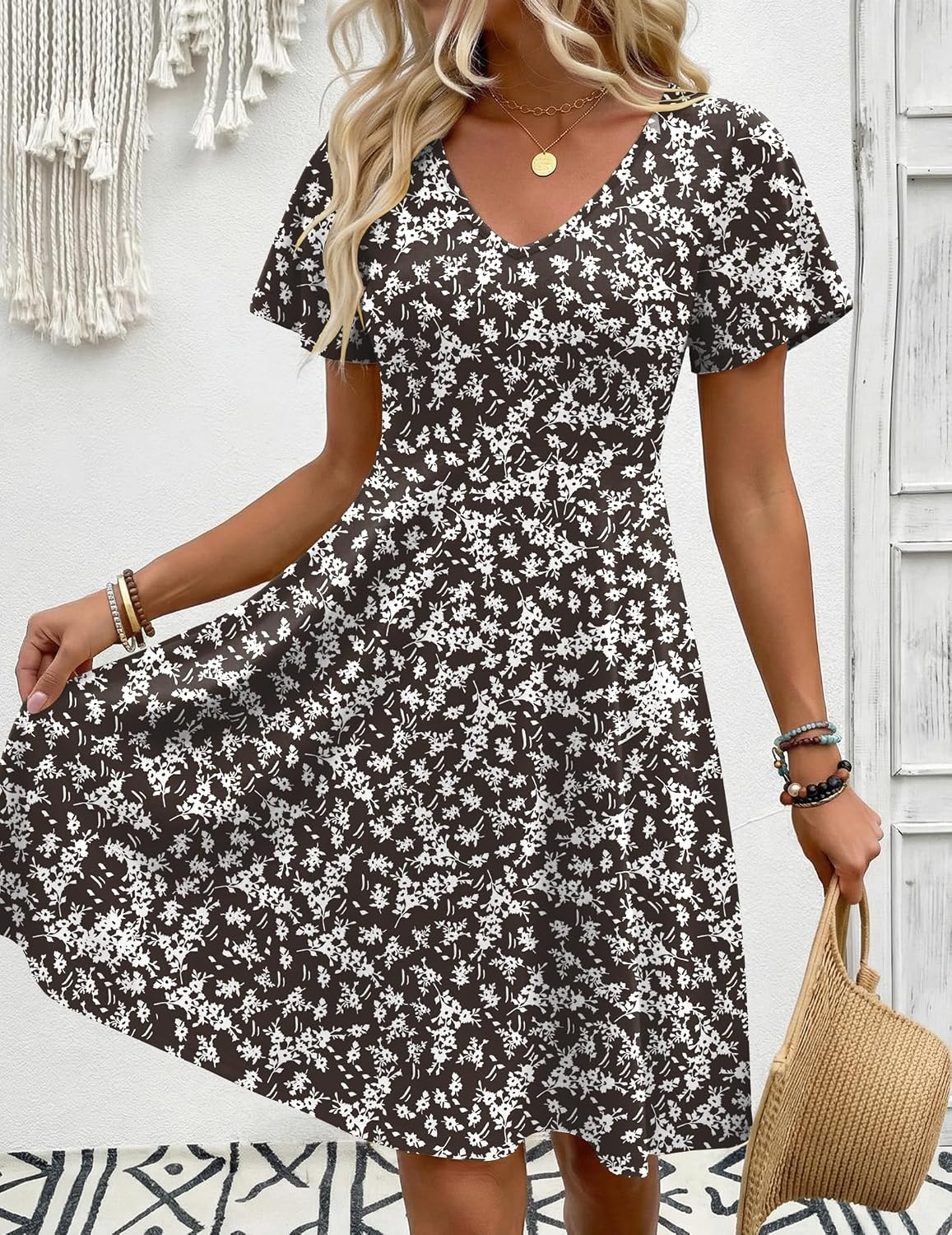 image:imageZeagoo Womens Summer Dress Casual Swing Sundresses Floral Ruffle Short Sleeve Wedding Guest Dress Beach Mini Dress 2026Brown Floral