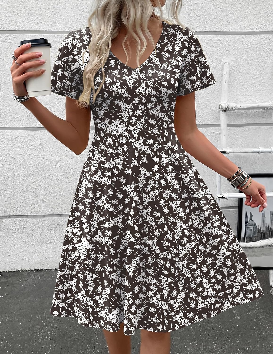 image:imageZeagoo Womens Summer Dress Casual Swing Sundresses Floral Ruffle Short Sleeve Wedding Guest Dress Beach Mini Dress 2026Brown Floral