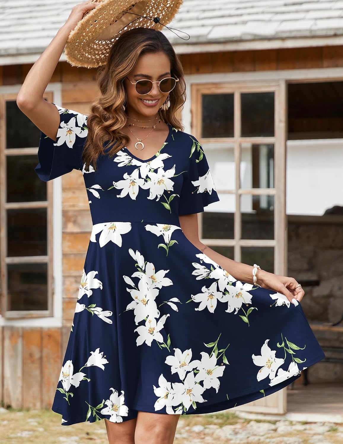 image:imageZeagoo Womens Summer Dress Casual Swing Sundresses Floral Ruffle Short Sleeve Wedding Guest Dress Beach Mini Dress 2026Dark Blue Floral