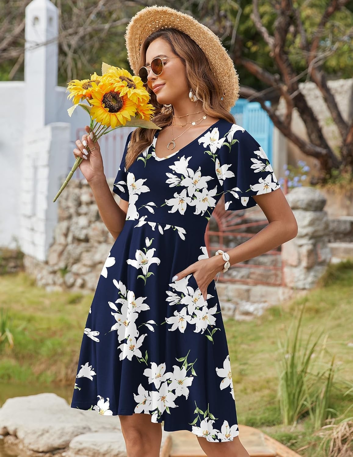 image:imageZeagoo Womens Summer Dress Casual Swing Sundresses Floral Ruffle Short Sleeve Wedding Guest Dress Beach Mini Dress 2026Dark Blue Floral