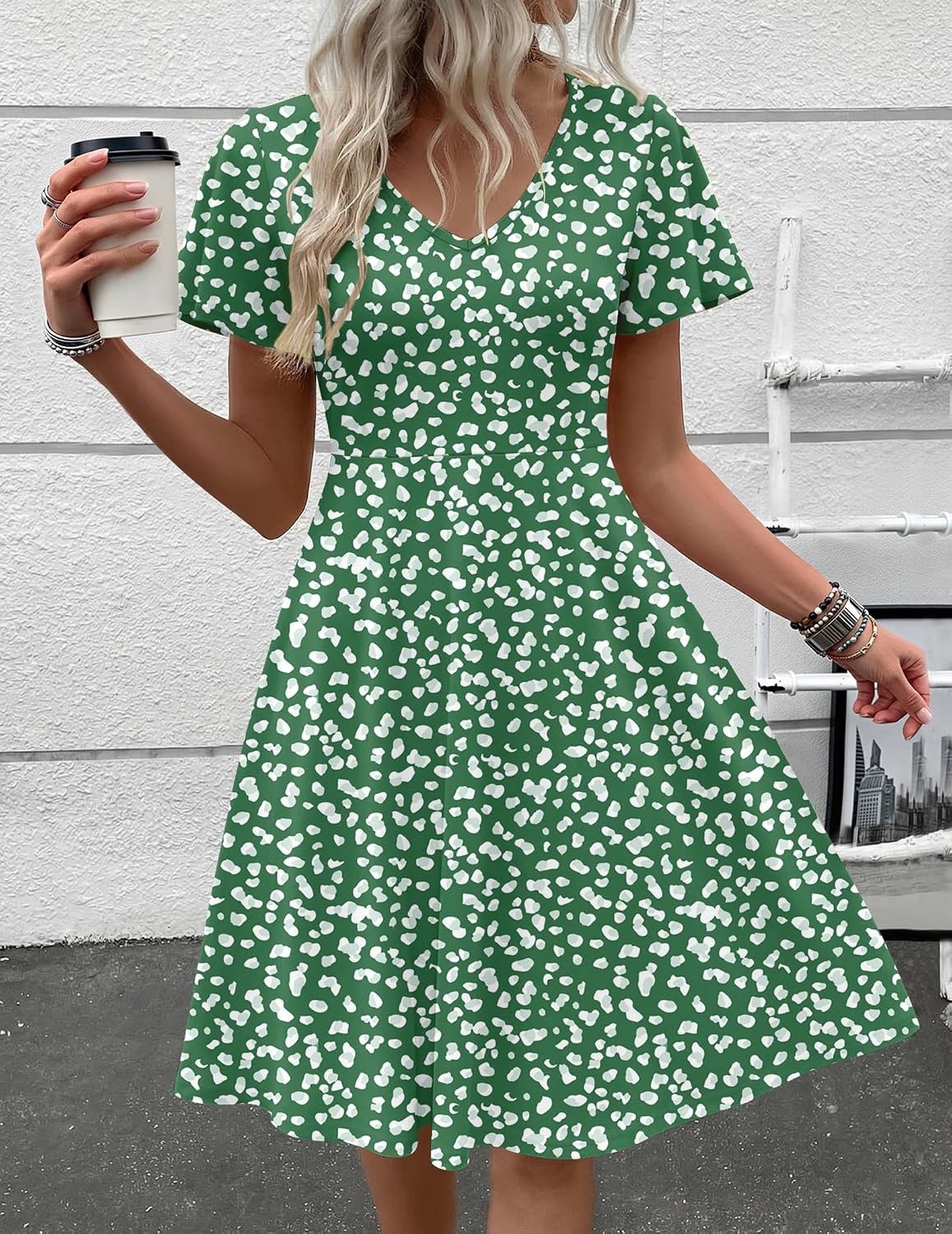 image:imageZeagoo Womens Summer Dress Casual Swing Sundresses Floral Ruffle Short Sleeve Wedding Guest Dress Beach Mini Dress 2026Green Jh560