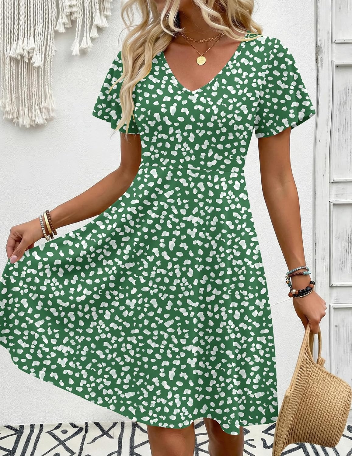 image:imageZeagoo Womens Summer Dress Casual Swing Sundresses Floral Ruffle Short Sleeve Wedding Guest Dress Beach Mini Dress 2026Green Jh560