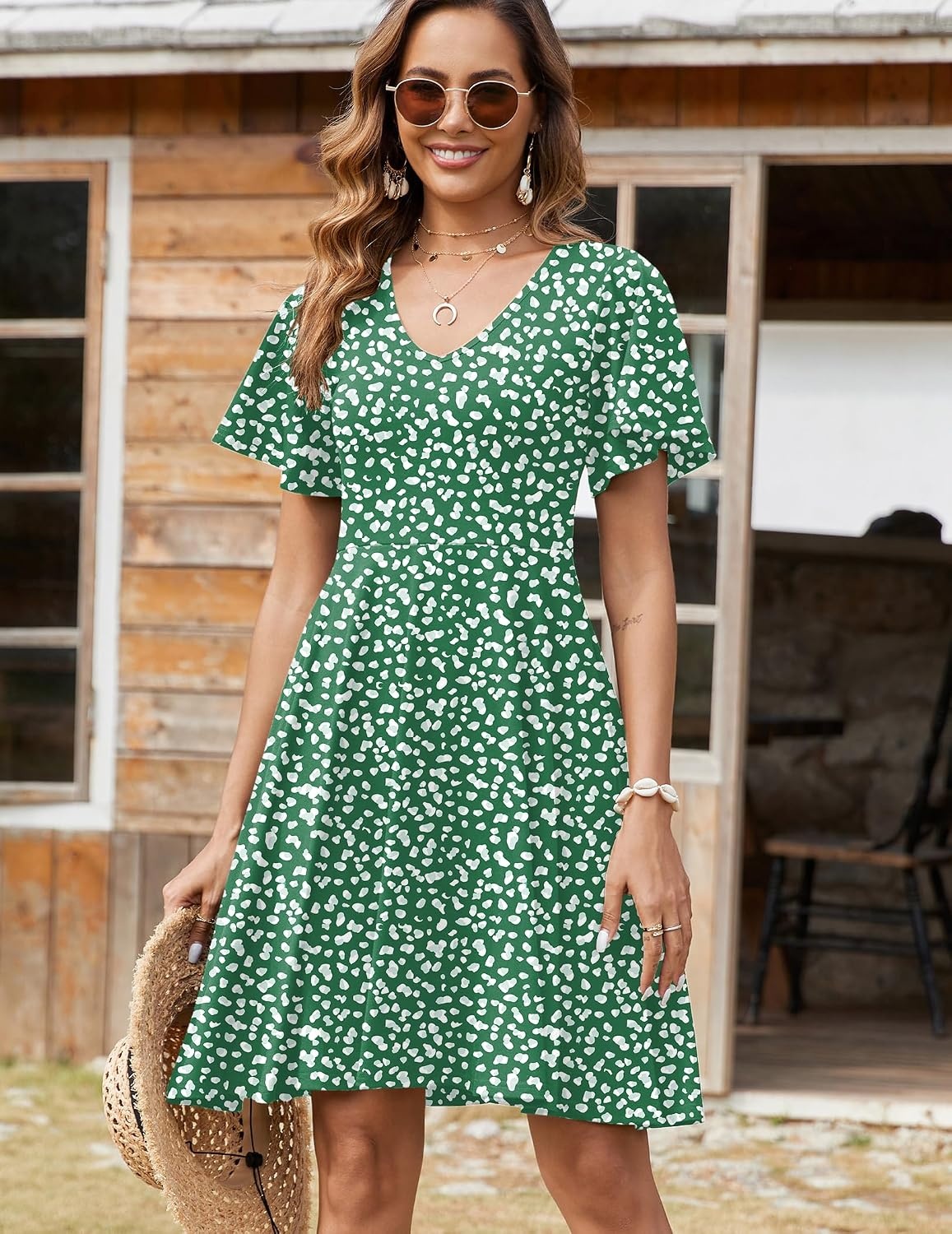 image:imageZeagoo Womens Summer Dress Casual Swing Sundresses Floral Ruffle Short Sleeve Wedding Guest Dress Beach Mini Dress 2026Green Jh560