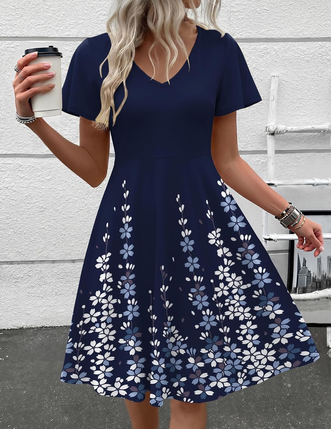 image:imageZeagoo Womens Summer Dress Casual Swing Sundresses Floral Ruffle Short Sleeve Wedding Guest Dress Beach Mini Dress 2026Navy Sf119