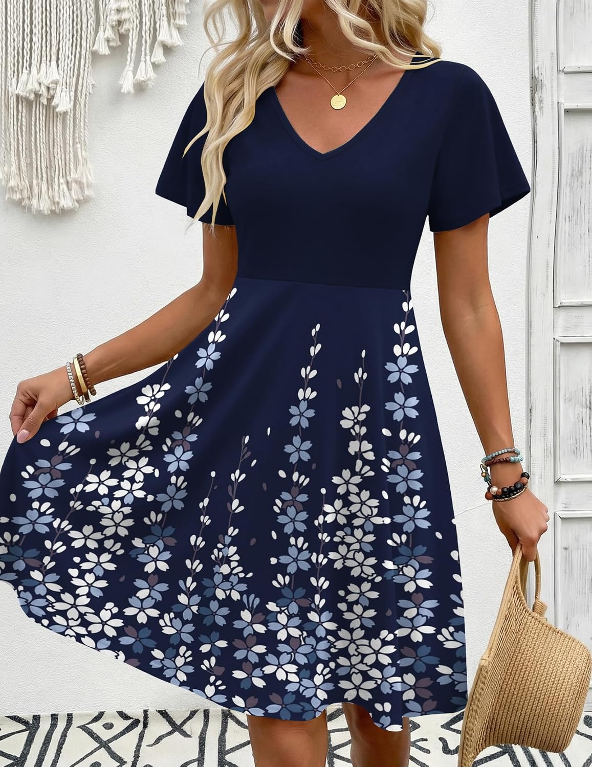 image:imageZeagoo Womens Summer Dress Casual Swing Sundresses Floral Ruffle Short Sleeve Wedding Guest Dress Beach Mini Dress 2026Navy Sf119
