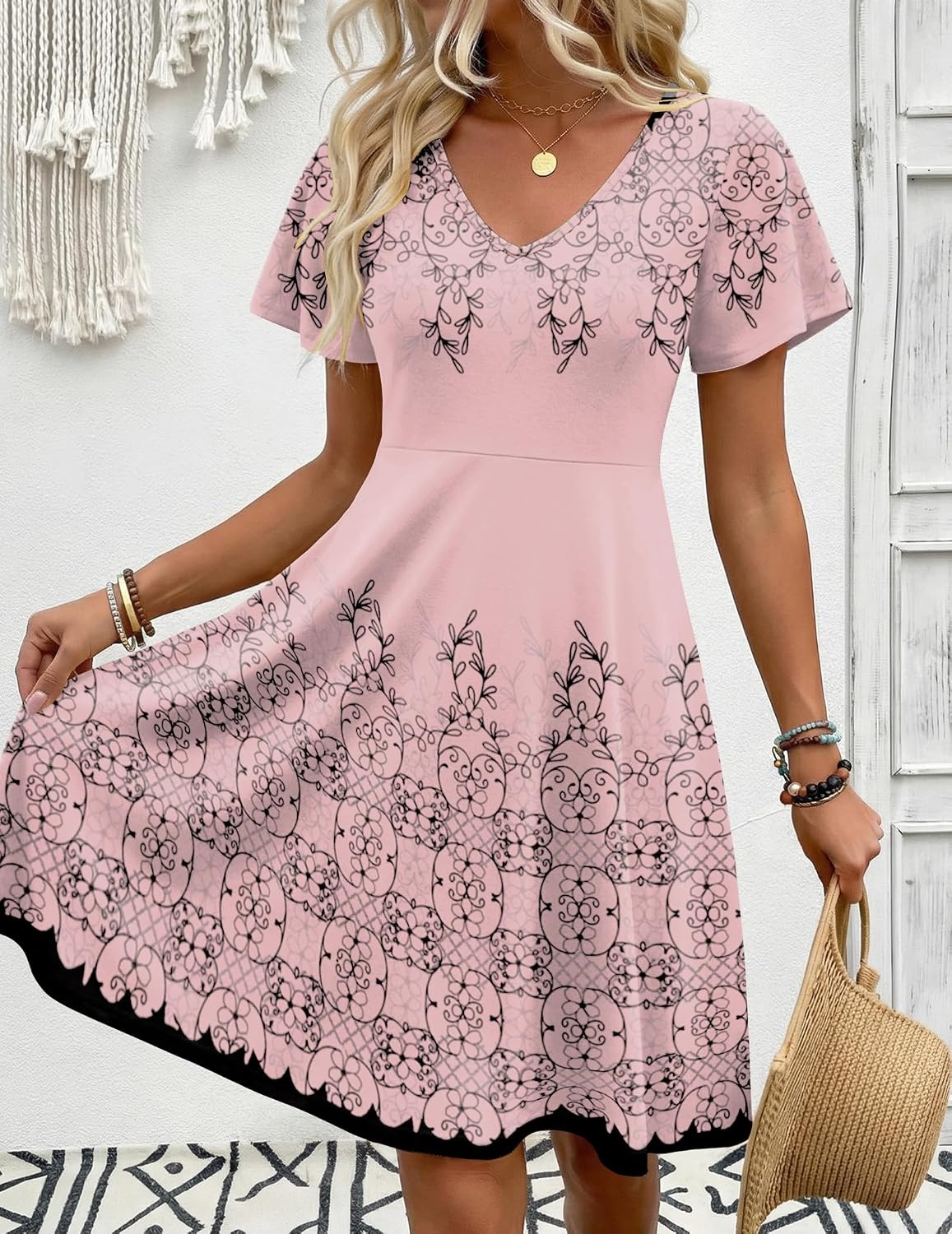 image:imageZeagoo Womens Summer Dress Casual Swing Sundresses Floral Ruffle Short Sleeve Wedding Guest Dress Beach Mini Dress 2026Pink Sf292