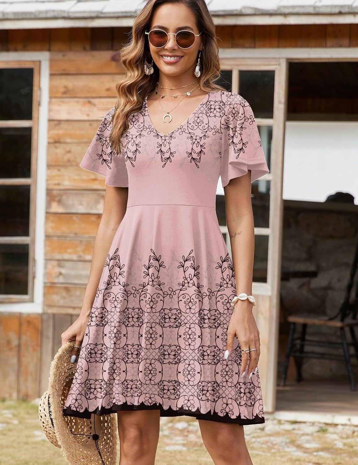 image:imageZeagoo Womens Summer Dress Casual Swing Sundresses Floral Ruffle Short Sleeve Wedding Guest Dress Beach Mini Dress 2026Pink Sf292