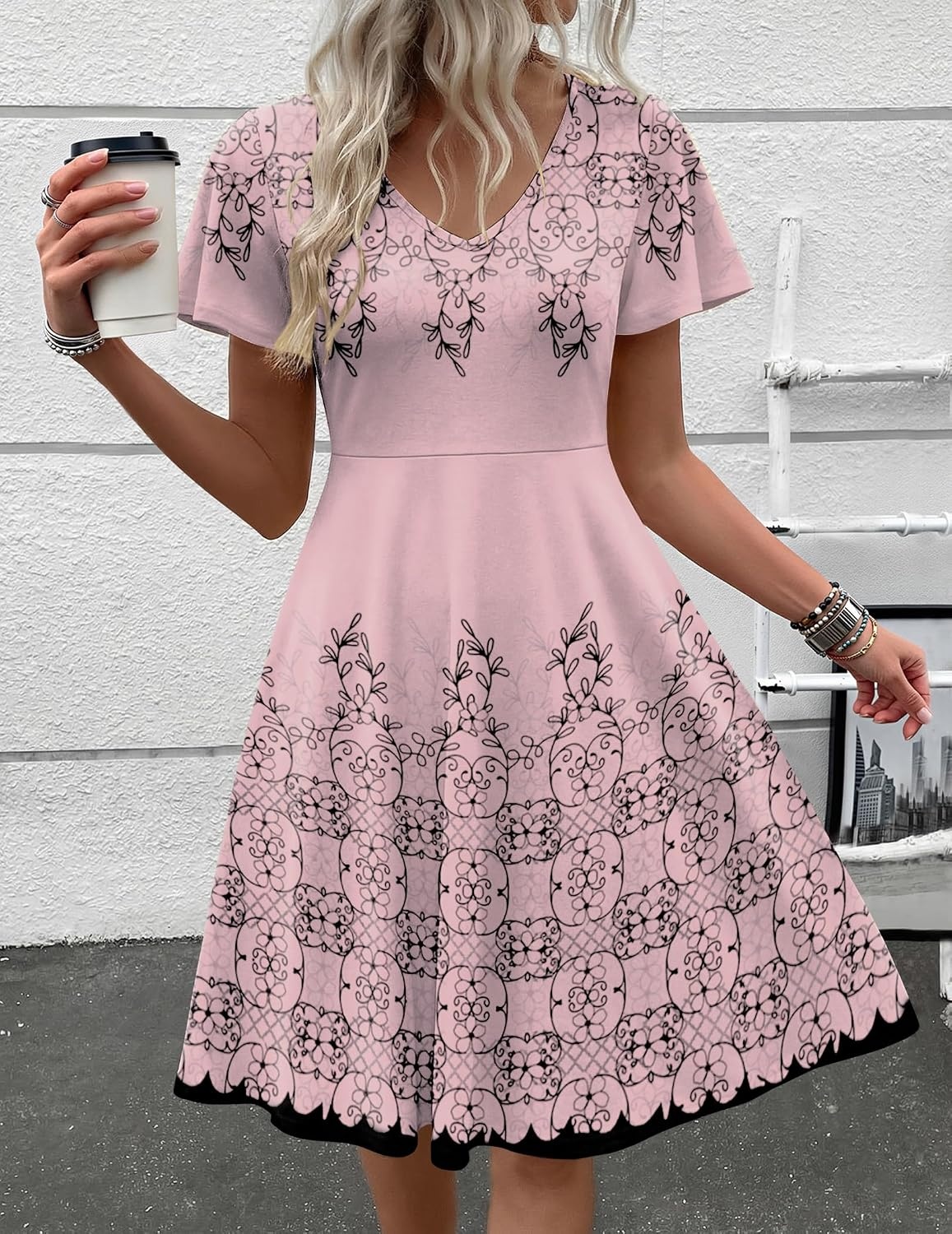 image:imageZeagoo Womens Summer Dress Casual Swing Sundresses Floral Ruffle Short Sleeve Wedding Guest Dress Beach Mini Dress 2026Pink Sf292