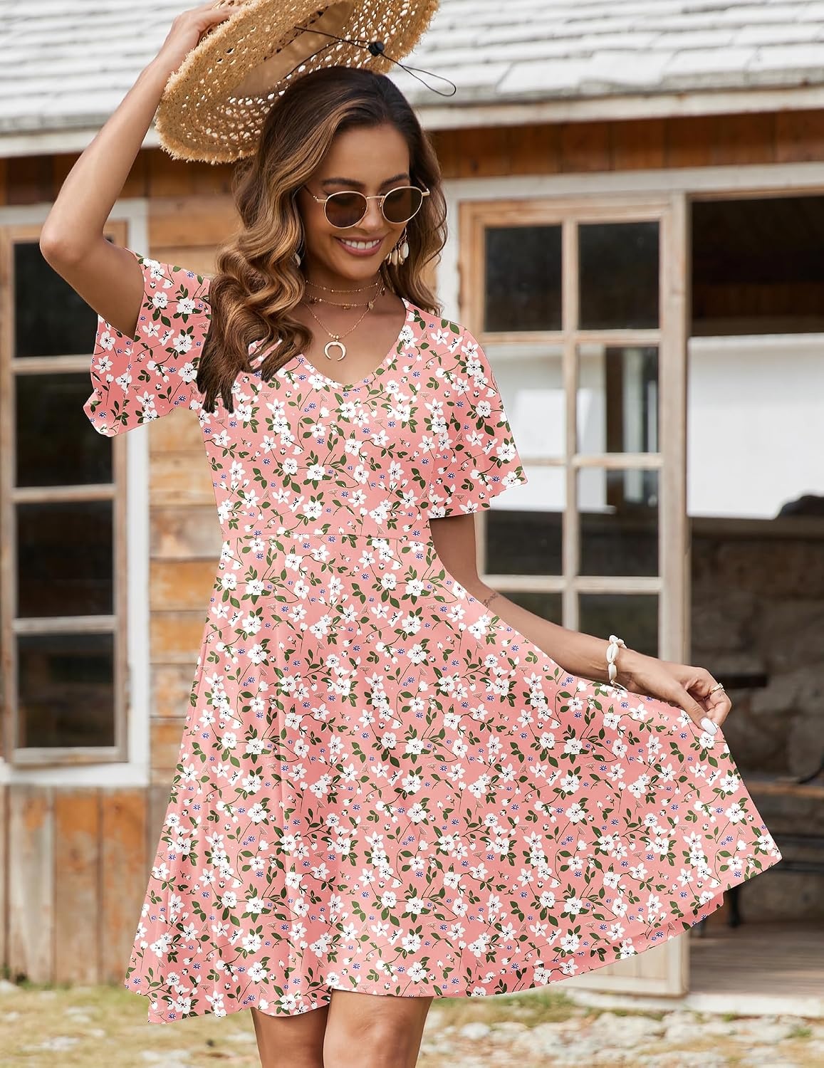 image:imageZeagoo Womens Summer Dress Casual Swing Sundresses Floral Ruffle Short Sleeve Wedding Guest Dress Beach Mini Dress 2026Pink White Floral