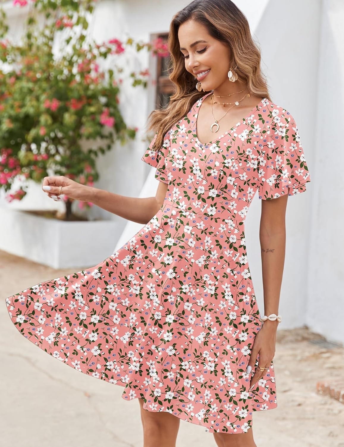 image:imageZeagoo Womens Summer Dress Casual Swing Sundresses Floral Ruffle Short Sleeve Wedding Guest Dress Beach Mini Dress 2026Pink White Floral