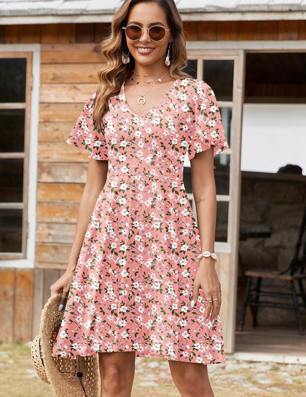 image:imageZeagoo Womens Summer Dress Casual Swing Sundresses Floral Ruffle Short Sleeve Wedding Guest Dress Beach Mini Dress 2026Pink White Floral