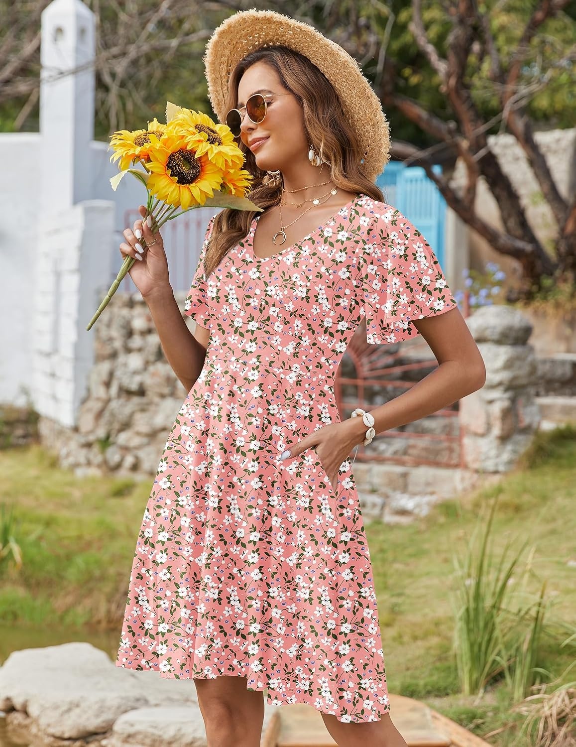 image:imageZeagoo Womens Summer Dress Casual Swing Sundresses Floral Ruffle Short Sleeve Wedding Guest Dress Beach Mini Dress 2026Pink White Floral