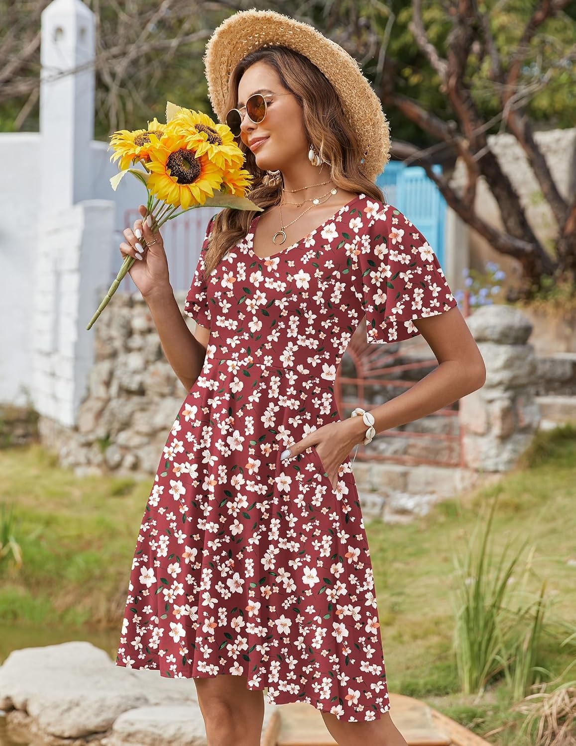 image:imageZeagoo Womens Summer Dress Casual Swing Sundresses Floral Ruffle Short Sleeve Wedding Guest Dress Beach Mini Dress 2026Red Floral