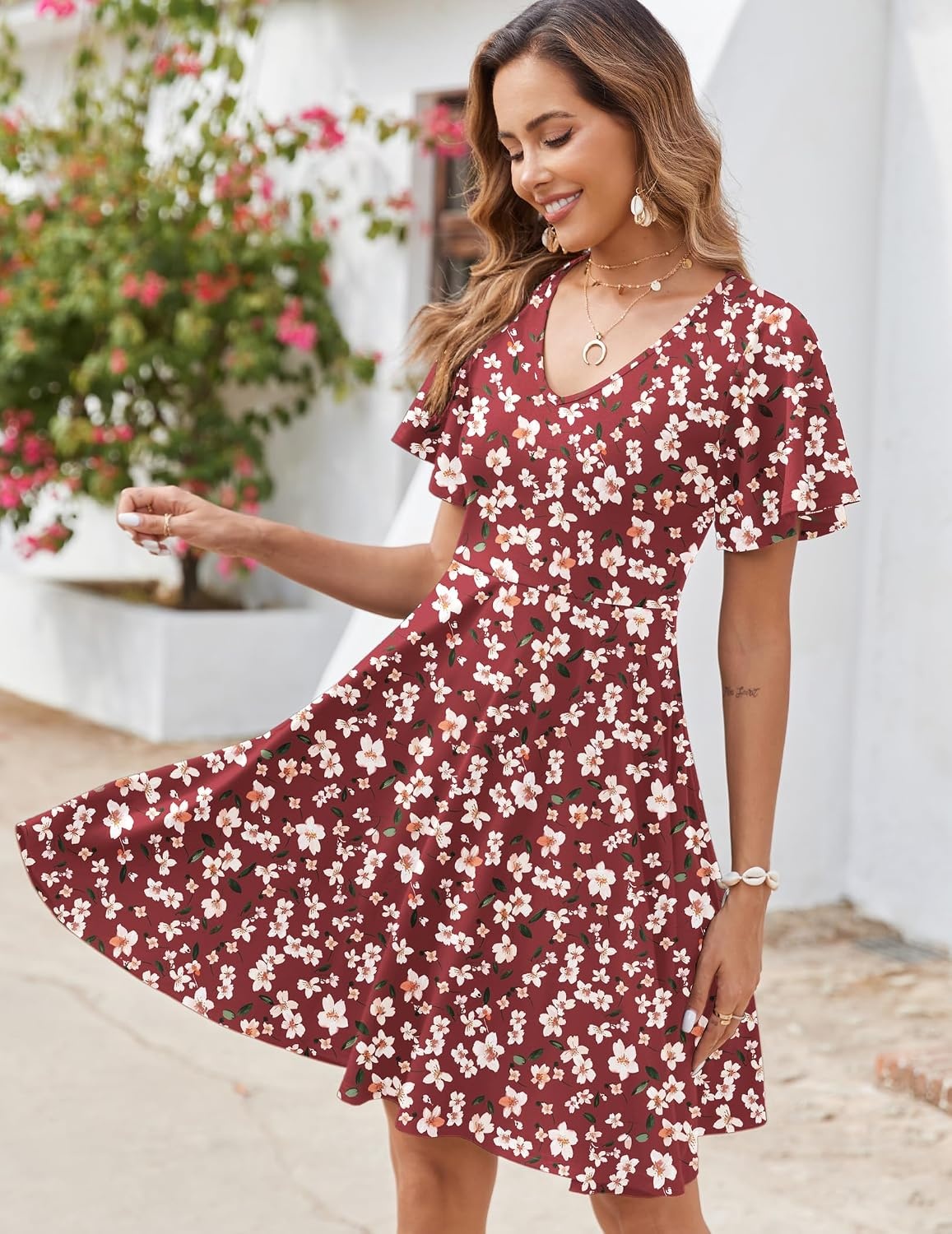 image:imageZeagoo Womens Summer Dress Casual Swing Sundresses Floral Ruffle Short Sleeve Wedding Guest Dress Beach Mini Dress 2026Red Floral
