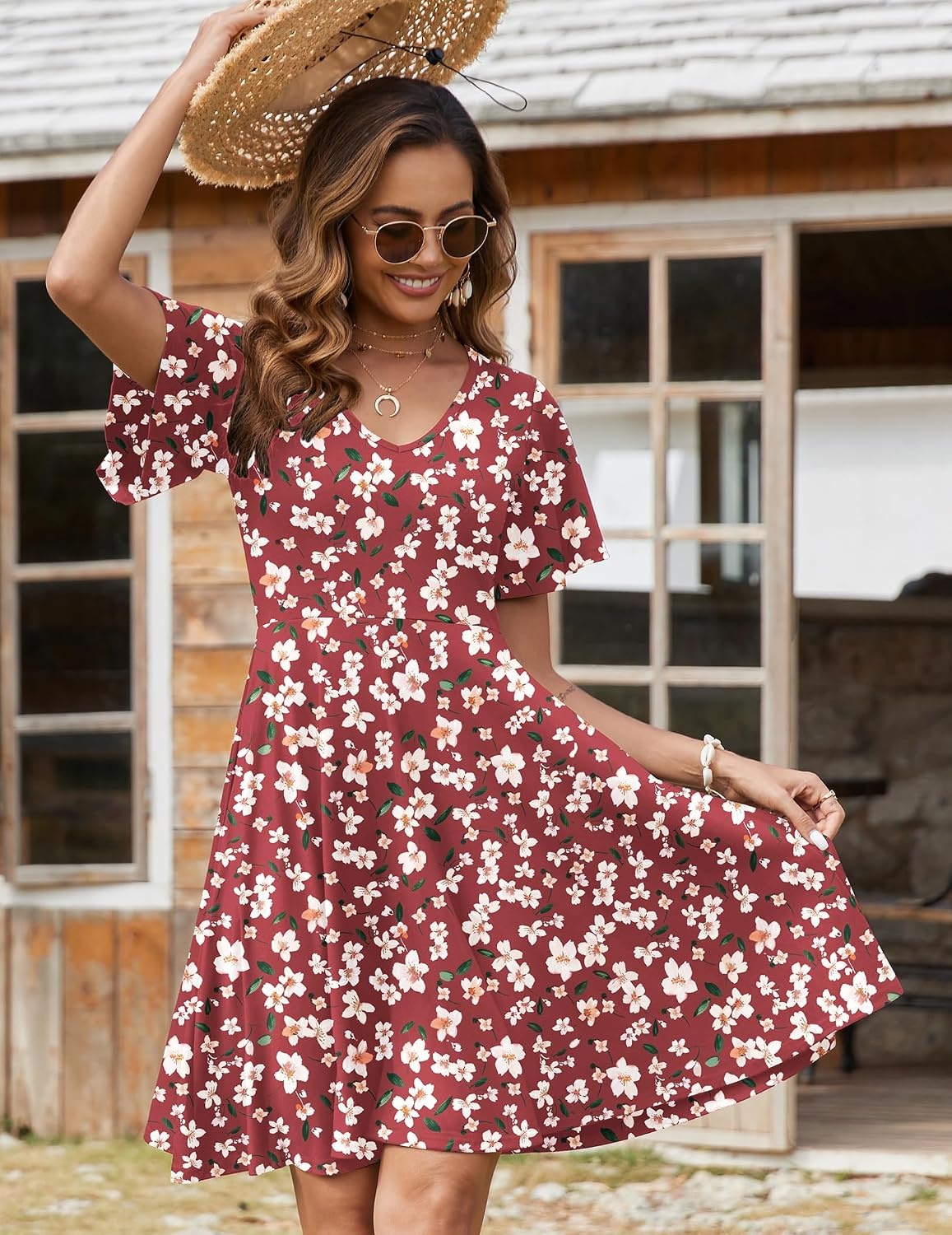 image:imageZeagoo Womens Summer Dress Casual Swing Sundresses Floral Ruffle Short Sleeve Wedding Guest Dress Beach Mini Dress 2026Red Floral