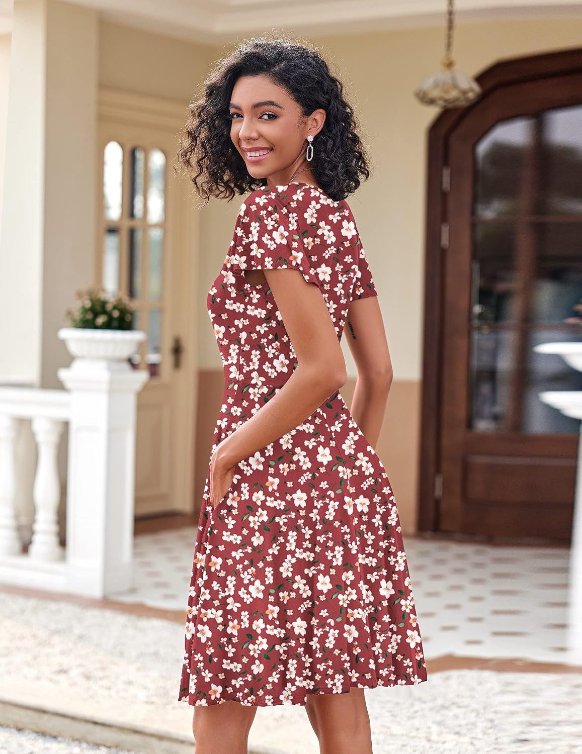 image:imageZeagoo Womens Summer Dress Casual Swing Sundresses Floral Ruffle Short Sleeve Wedding Guest Dress Beach Mini Dress 2026Red Floral