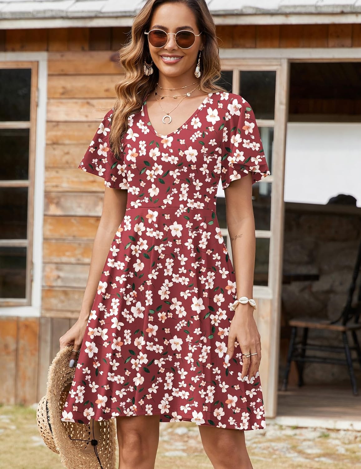 image:imageZeagoo Womens Summer Dress Casual Swing Sundresses Floral Ruffle Short Sleeve Wedding Guest Dress Beach Mini Dress 2026Red Floral