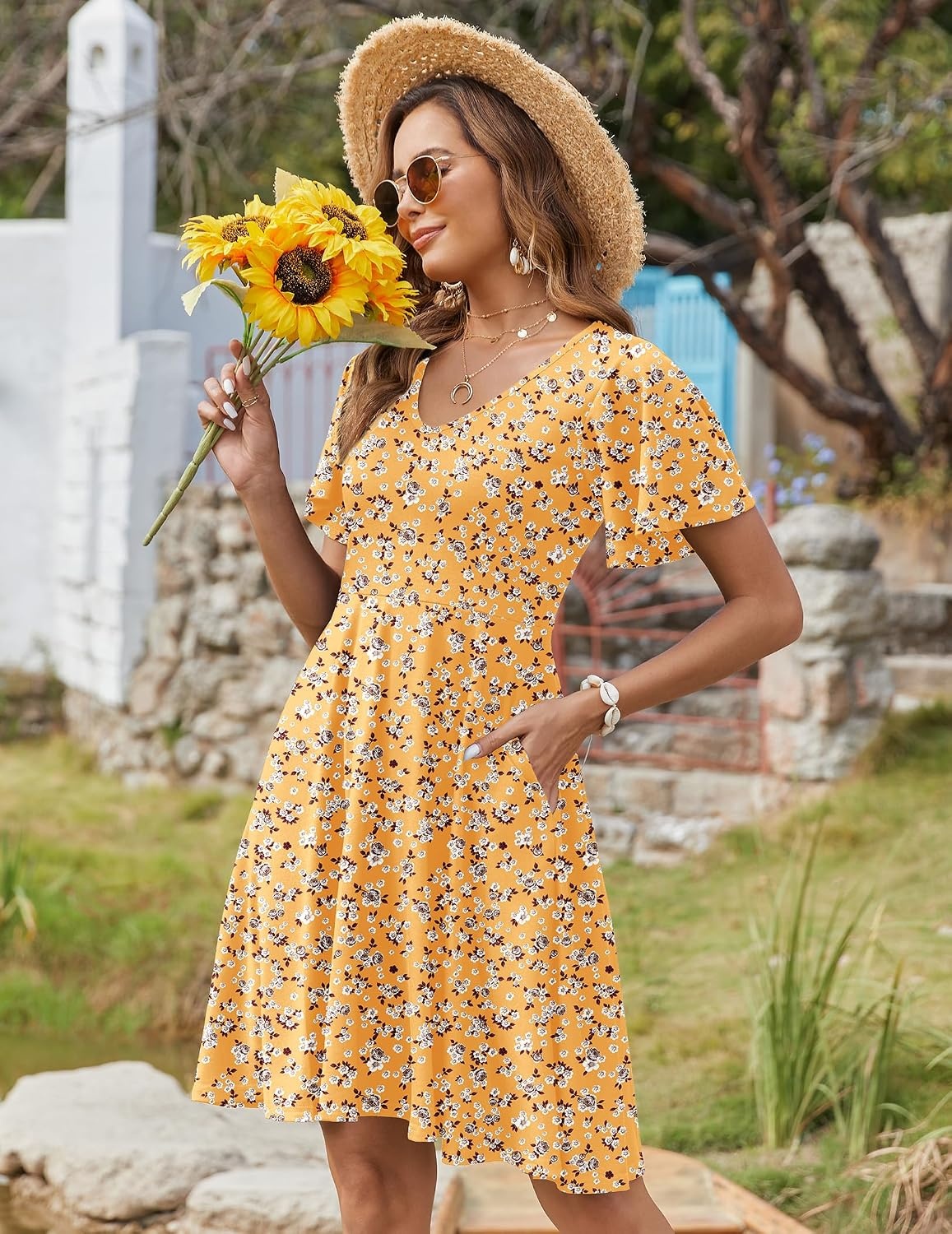 image:imageZeagoo Womens Summer Dress Casual Swing Sundresses Floral Ruffle Short Sleeve Wedding Guest Dress Beach Mini Dress 2026Yellow Floral