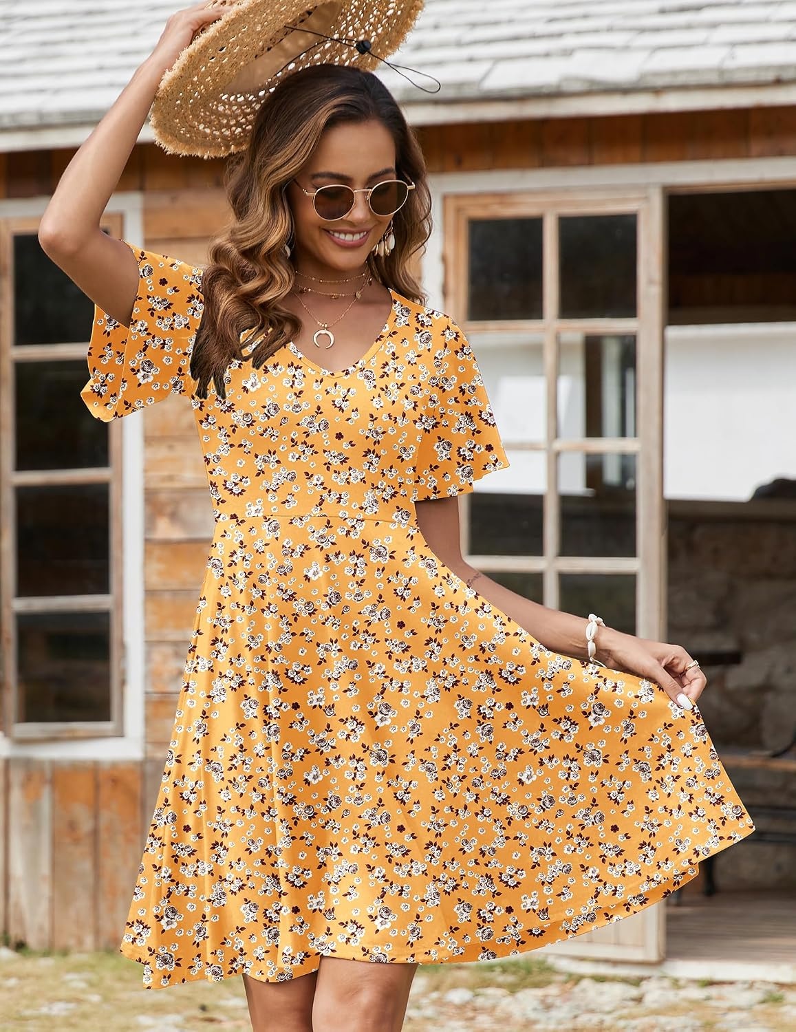 image:imageZeagoo Womens Summer Dress Casual Swing Sundresses Floral Ruffle Short Sleeve Wedding Guest Dress Beach Mini Dress 2026Yellow Floral