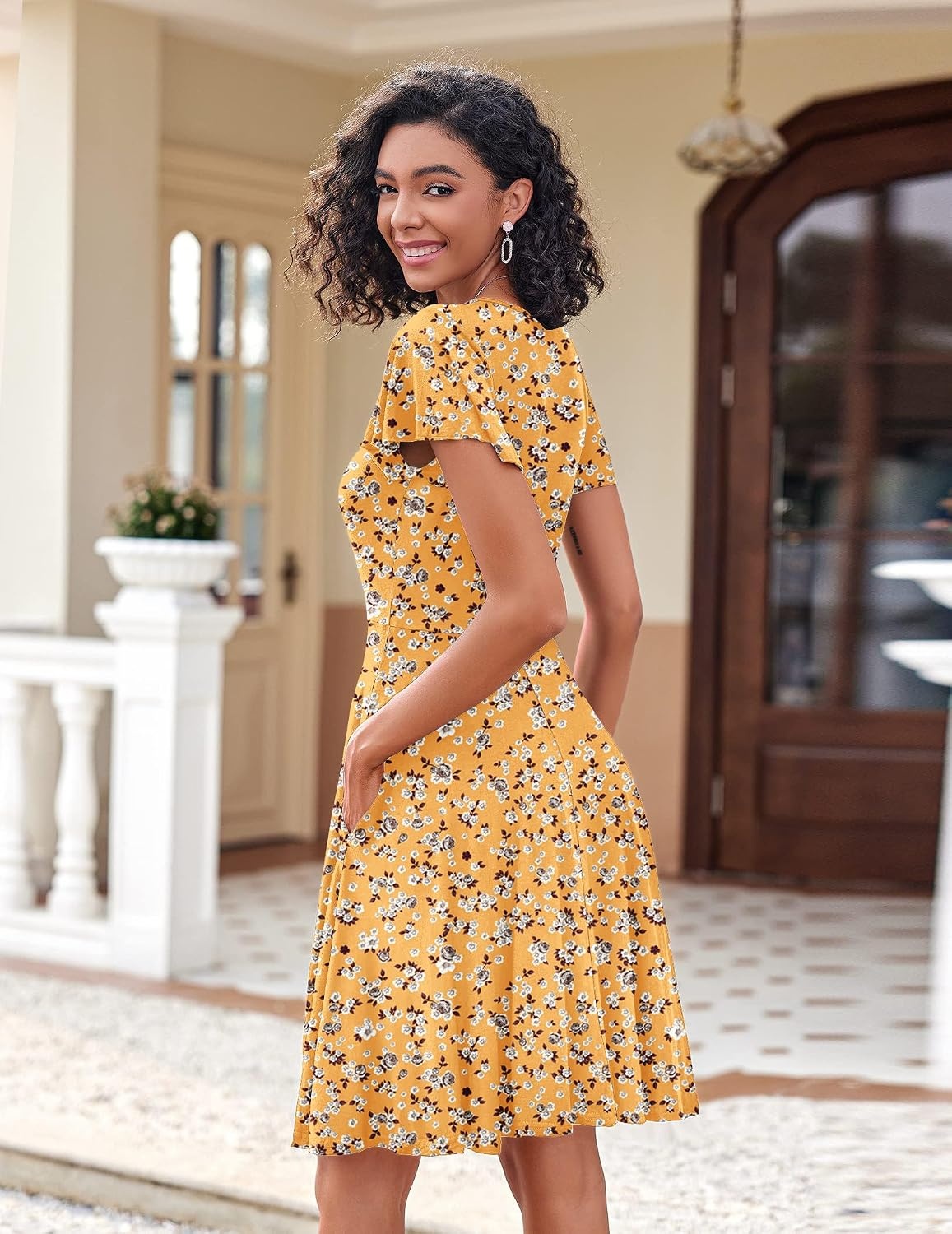 image:imageZeagoo Womens Summer Dress Casual Swing Sundresses Floral Ruffle Short Sleeve Wedding Guest Dress Beach Mini Dress 2026Yellow Floral