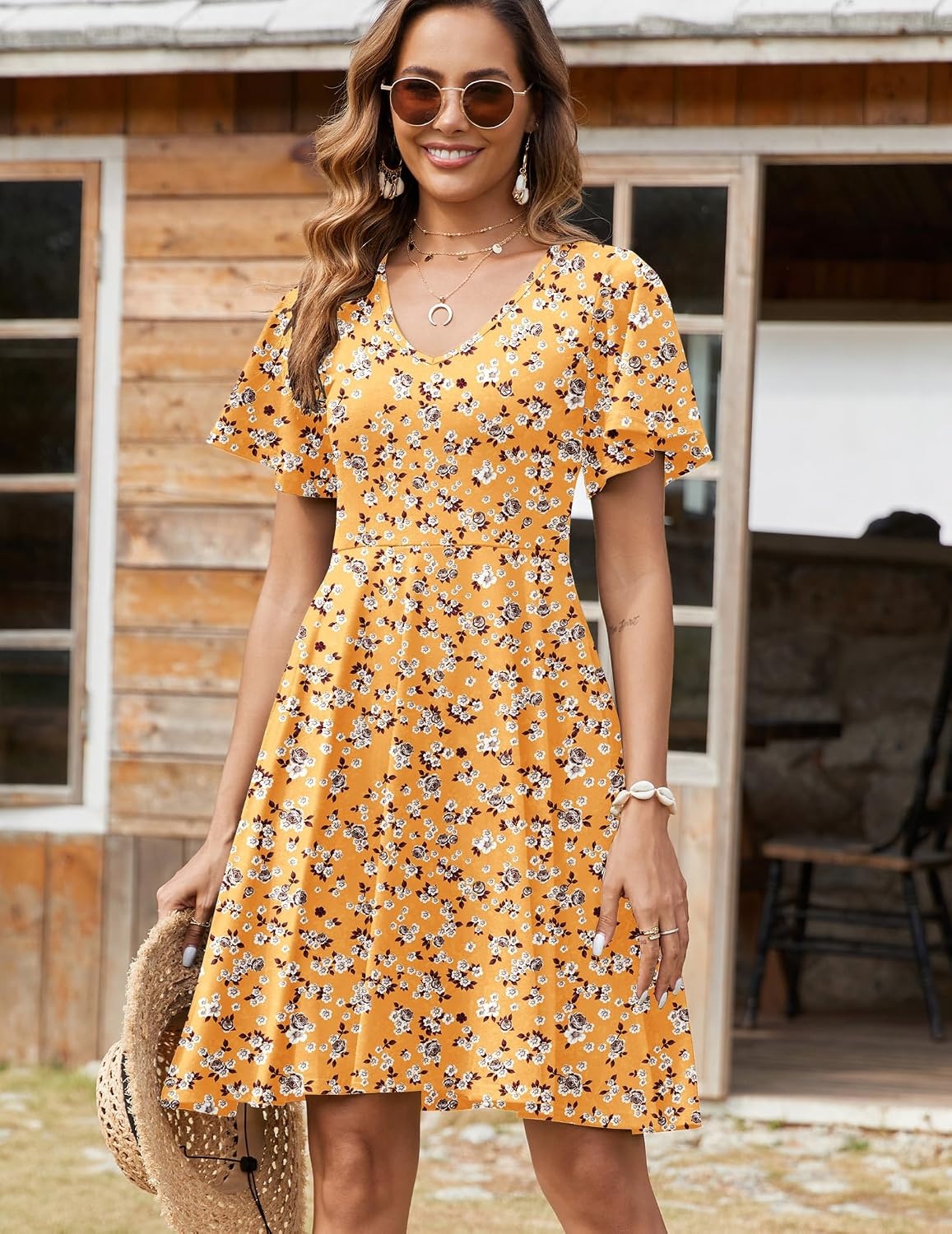 image:imageZeagoo Womens Summer Dress Casual Swing Sundresses Floral Ruffle Short Sleeve Wedding Guest Dress Beach Mini Dress 2026Yellow Floral