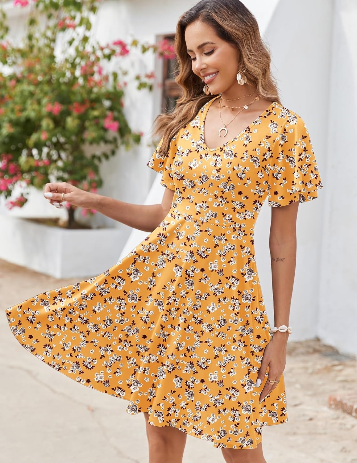 image:imageZeagoo Womens Summer Dress Casual Swing Sundresses Floral Ruffle Short Sleeve Wedding Guest Dress Beach Mini Dress 2026Yellow Floral