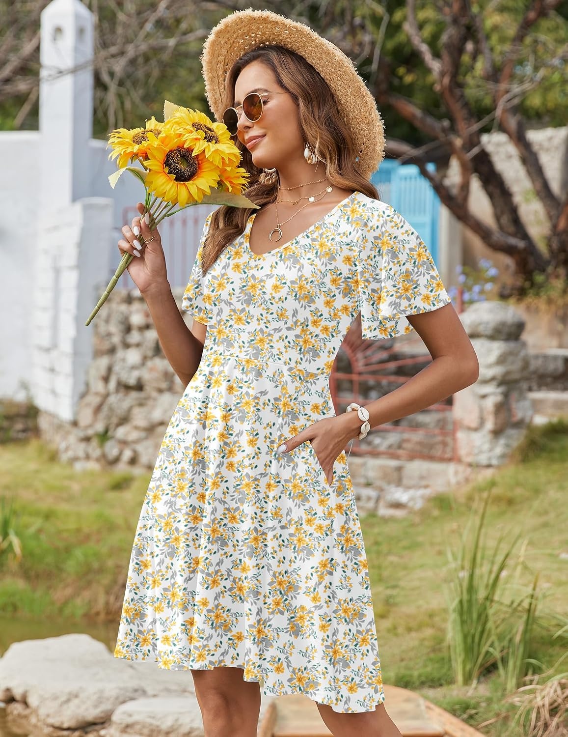image:imageZeagoo Womens Summer Dress Casual Swing Sundresses Floral Ruffle Short Sleeve Wedding Guest Dress Beach Mini Dress 2026Yellow White Floral