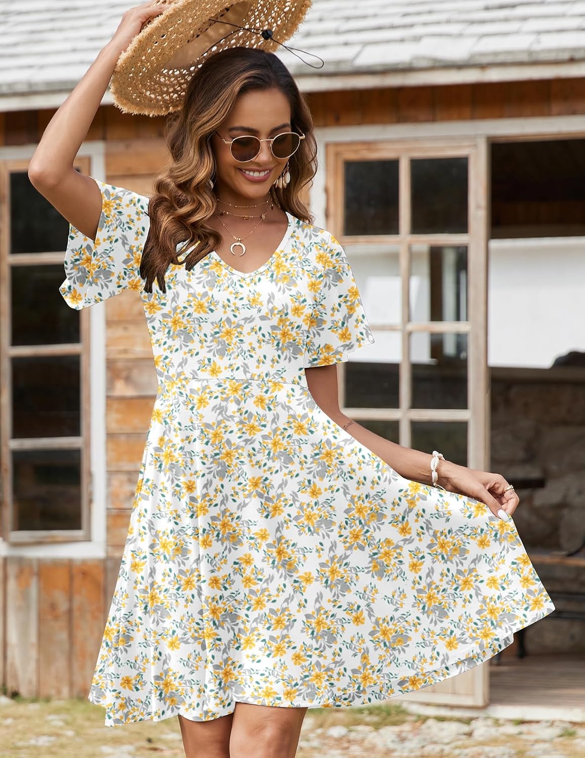 image:imageZeagoo Womens Summer Dress Casual Swing Sundresses Floral Ruffle Short Sleeve Wedding Guest Dress Beach Mini Dress 2026Yellow White Floral