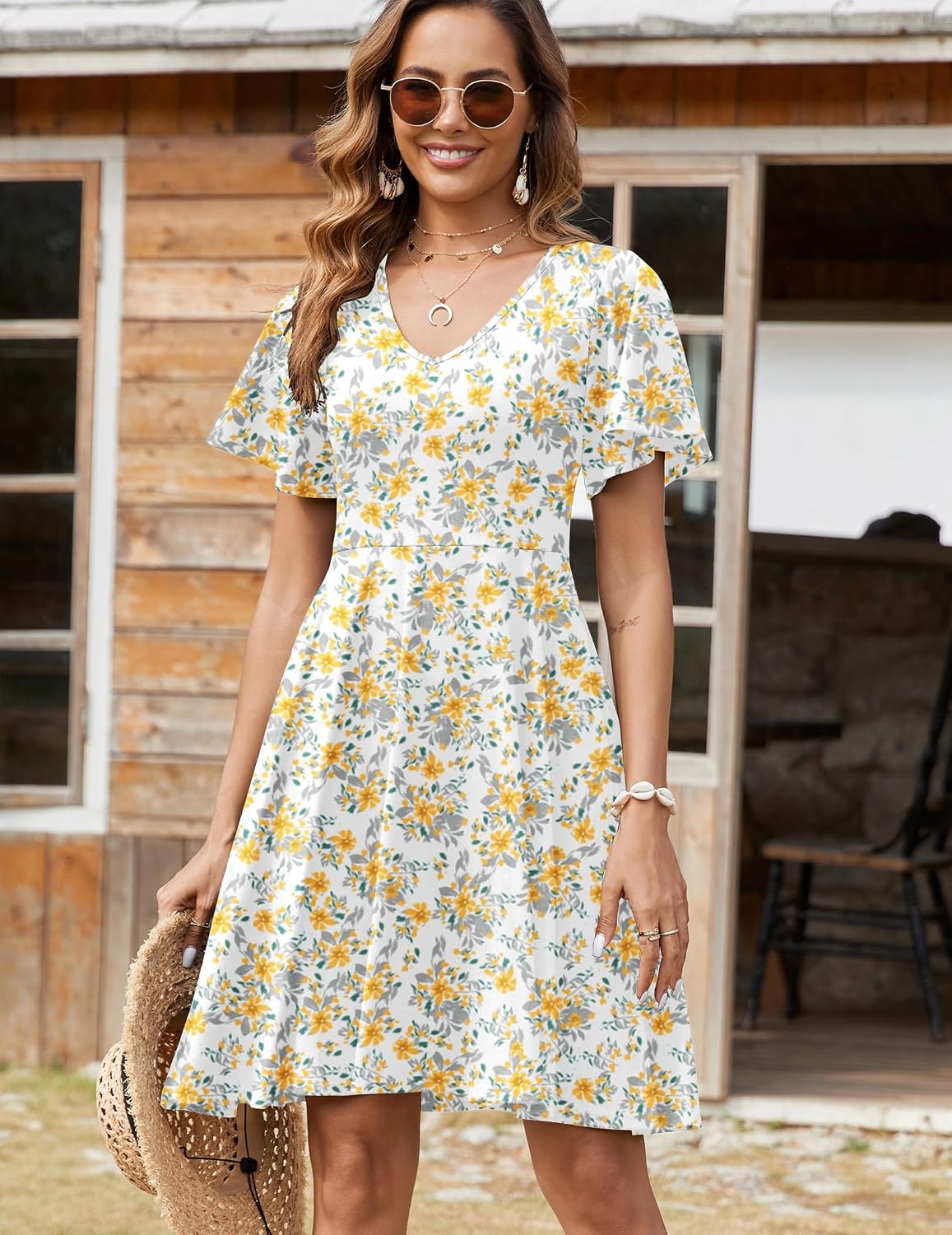image:imageZeagoo Womens Summer Dress Casual Swing Sundresses Floral Ruffle Short Sleeve Wedding Guest Dress Beach Mini Dress 2026Yellow White Floral