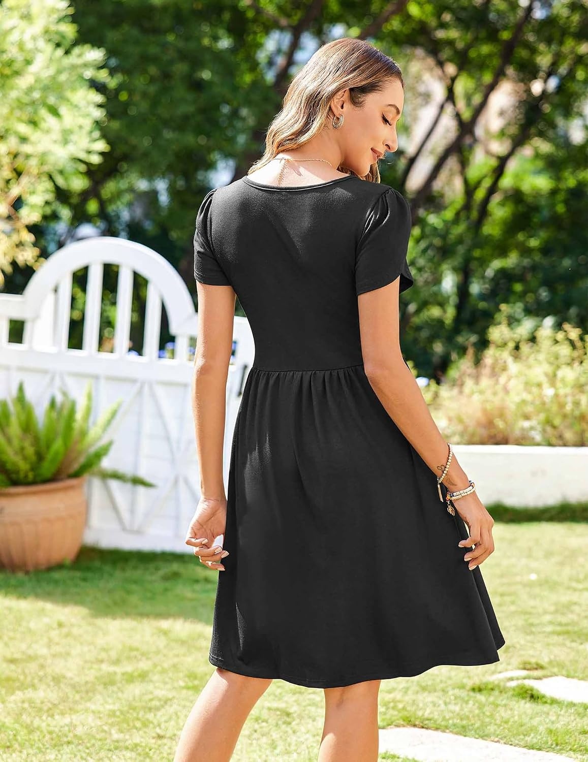 image:imageZeagoo Womens Summer Dress Mini Petal Short Sleeve Dresses Pleated Button Down V Neck Floral Beach Swing Vacation Dress 2026Black