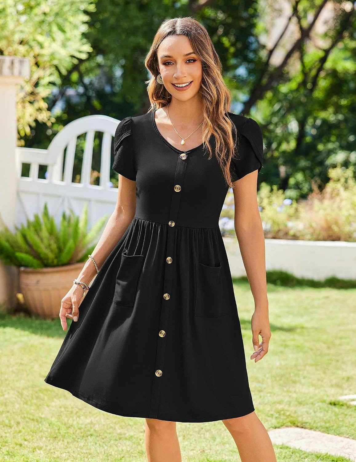 image:imageZeagoo Womens Summer Dress Mini Petal Short Sleeve Dresses Pleated Button Down V Neck Floral Beach Swing Vacation Dress 2026Black