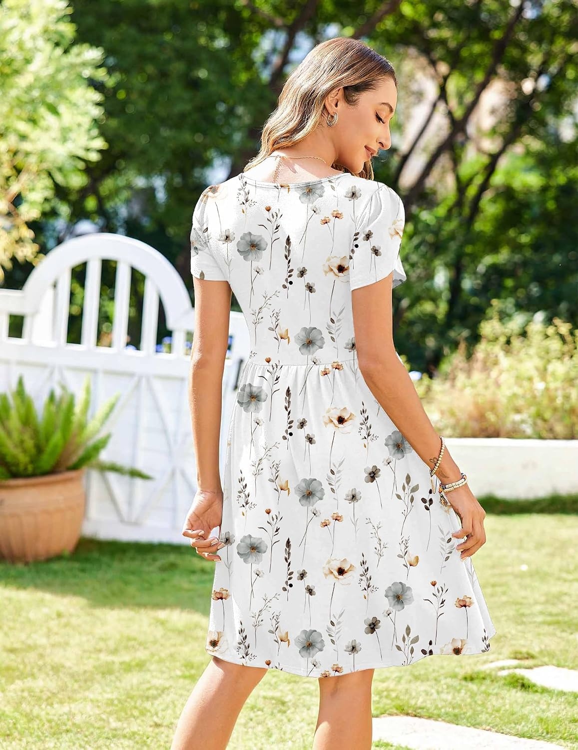 image:imageZeagoo Womens Summer Dress Mini Petal Short Sleeve Dresses Pleated Button Down V Neck Floral Beach Swing Vacation Dress 2026Floral White