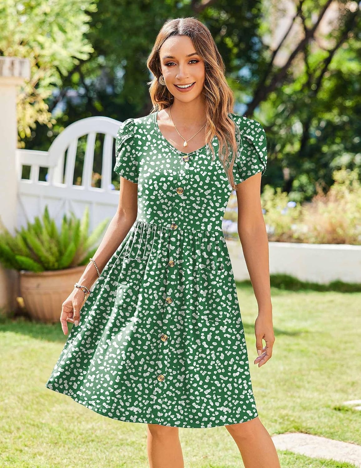 image:imageZeagoo Womens Summer Dress Mini Petal Short Sleeve Dresses Pleated Button Down V Neck Floral Beach Swing Vacation Dress 2026Jh560