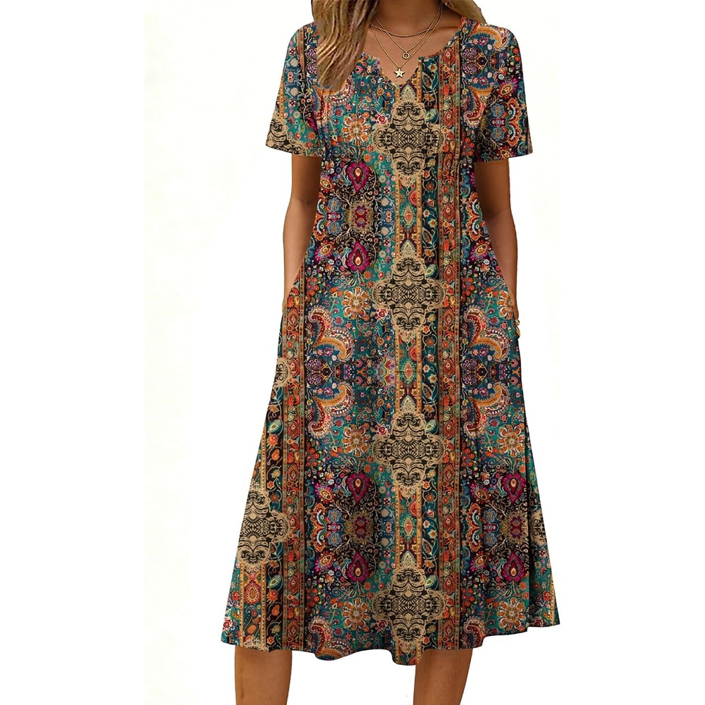 image:imageZeagoo Summer Dresses for Women 2026 Casual Short Sleeve Aline Midi Dress with Pocket Flowy Pleated Tshirt Beach Sundress01ethnic Print