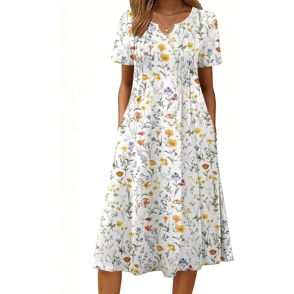 image:imageZeagoo Summer Dresses for Women 2026 Casual Short Sleeve Aline Midi Dress with Pocket Flowy Pleated Tshirt Beach Sundress02white Floral